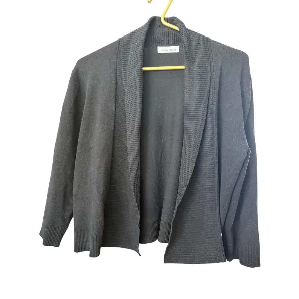 Calvin Klein Black Ribbed Shawl Collar Cardigan Open Front Knit Sweater M